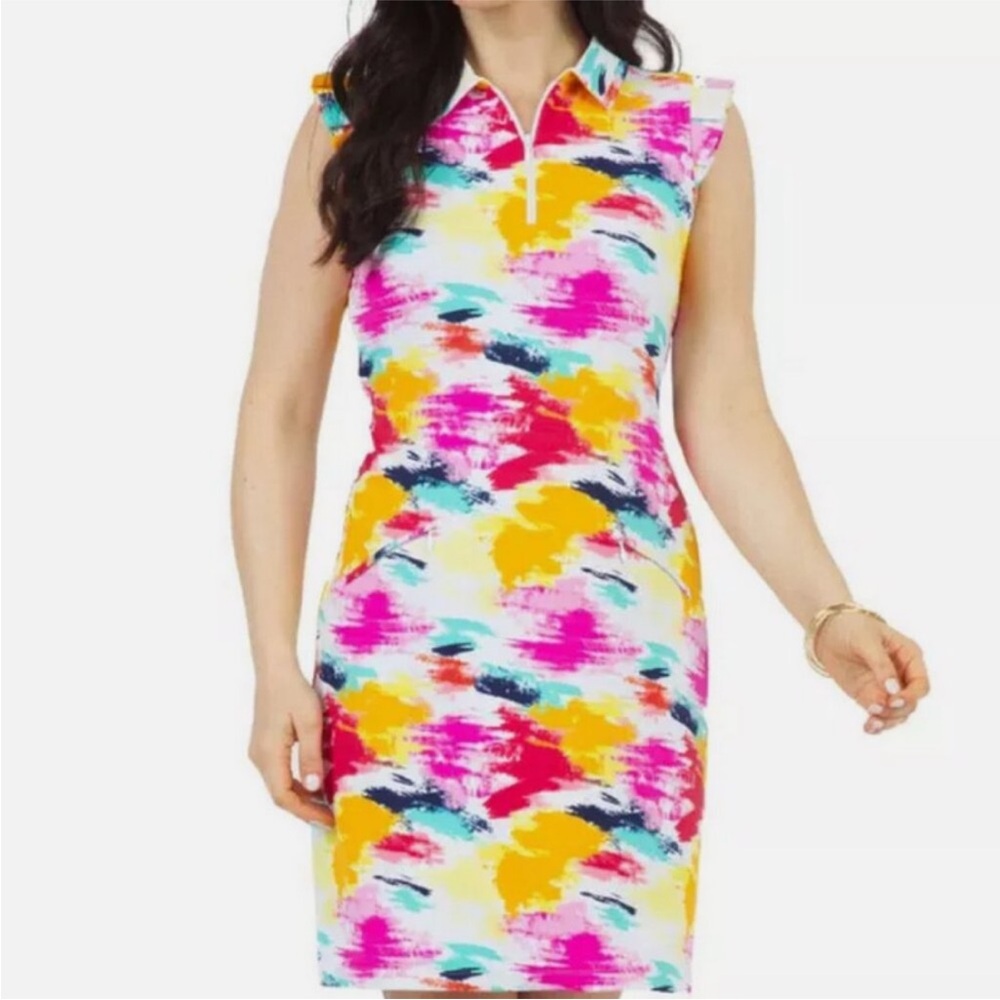 IBKUL | NWT Pink Yellow Matilda Ruffle Cap Sleeve Polo Golf Tennis Dress